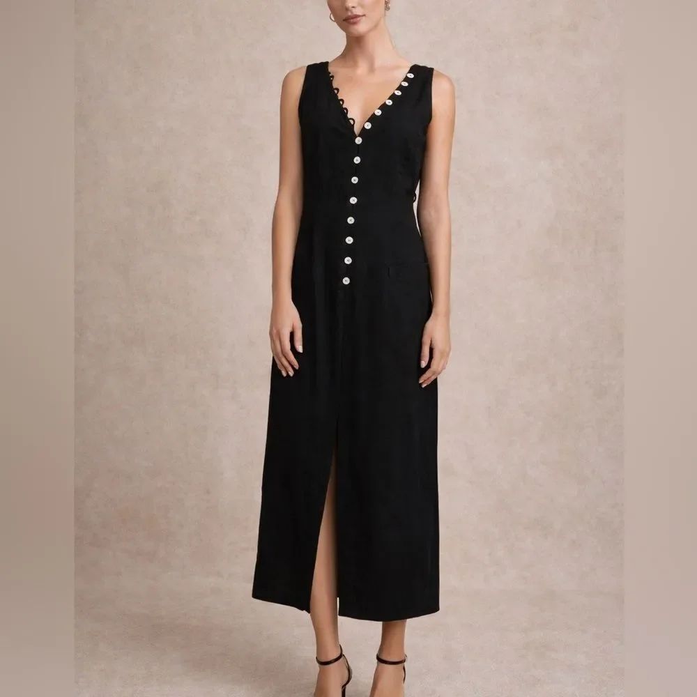 Vintage Jean Paul Black Button Front Midi Dress Sleeveless Tie Back Size M